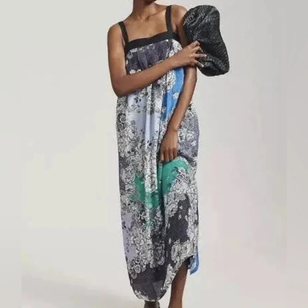 Anthropologie Atsu Black Multi Motif Floral Printed Square Neck Maxi Dress NWT M